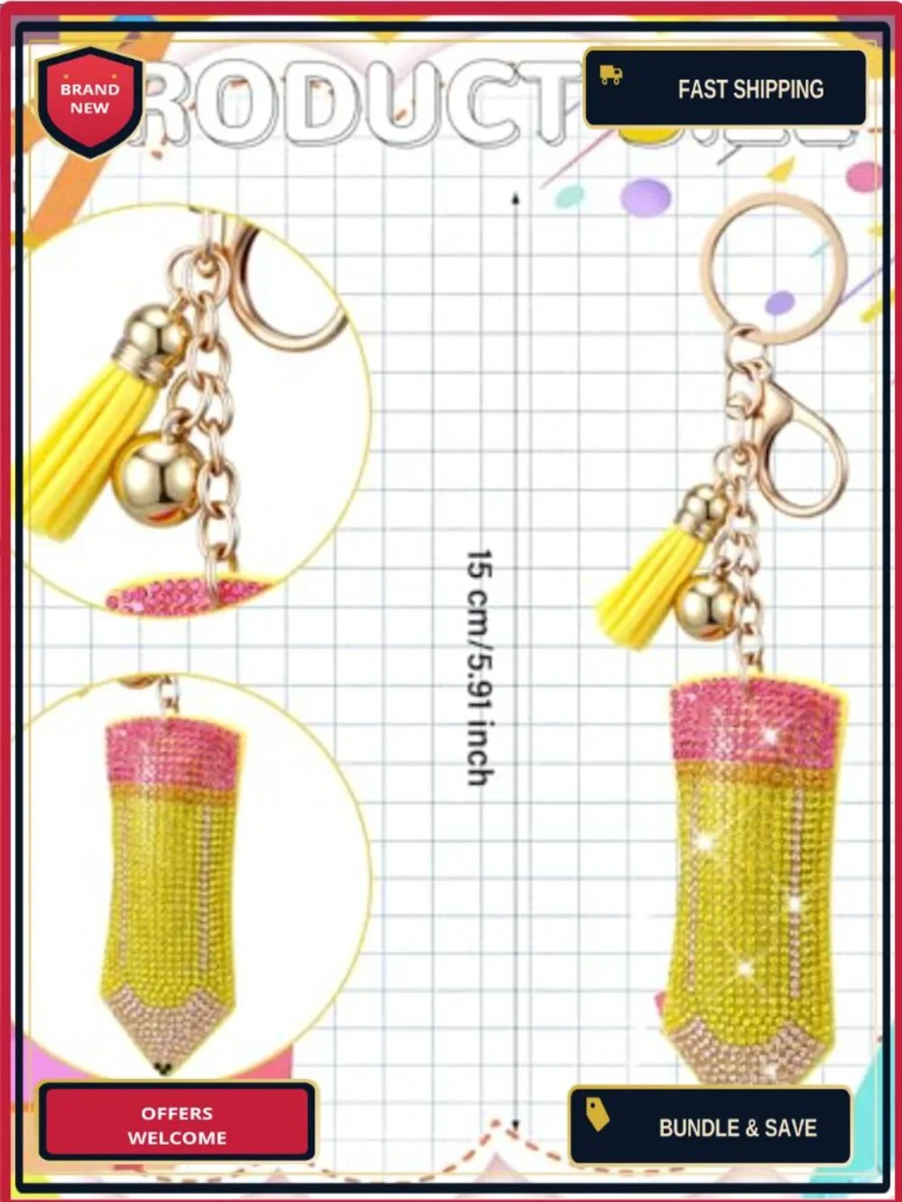 Set of 12 Rhinestone Pencil Keychains Stainless Steel Purse Charm